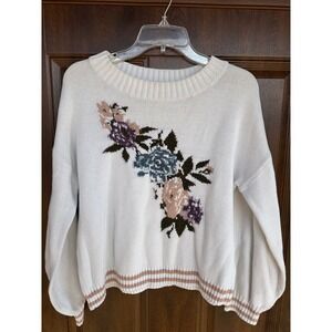 Women's Abound Floral Crewneck Cotton Sweater Cottage-core Ms Honey SZ M
